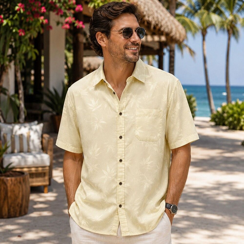 Cabana Mens L Yellow Tropical Palm Tree Button Front Shirt Relaxed Resort Wear